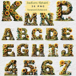 alfabeto de girasol, Letras florales Png, Monograma de girasol Png, Alfabeto de acuarela png, Letras de boda png, Imágenes prediseñadas de letras florales,