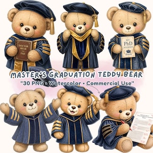 May include: A set of watercolour teddy bears in graduation outfits. Each bear wears a navy blue gown and cap with gold trim. Some bears hold books with the text "Doctor Bear PhD" and "My PhD Journey". The words "MASTER'S GRADUATION TEDDY BEAR" are also visible.