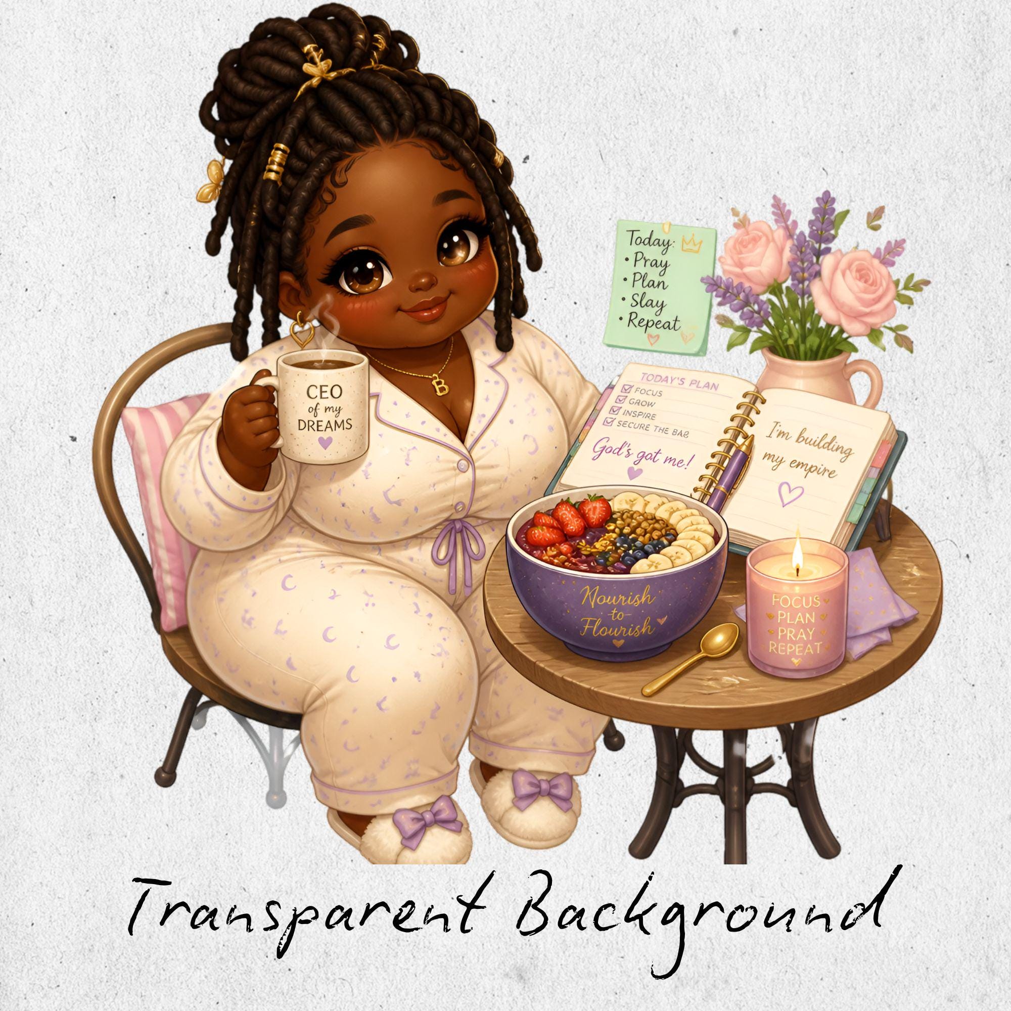 Daily Routine Chibi Kawaii Chibi Plus Size Black Woman Morning Routine Clipart, Girl Boss ...