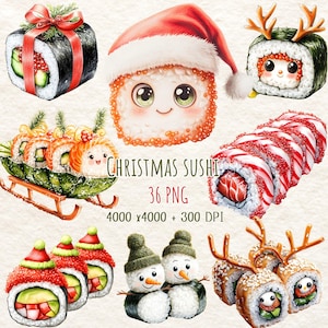 寿司クリスマス、かわいいクリスマスクリップアート、かわいい寿司、日本のクリスマス、クリスマスキャンディ、クリスマスおもしろい、子供のクリスマス、即時ダウンロード