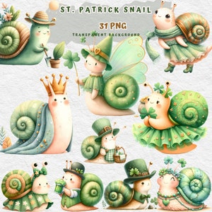 May include: A set of 31 digital clipart images featuring cute cartoon snails in various poses and outfits. The snails are dressed in green, gold, and blue colors, with some wearing hats, crowns, and wings. The images are perfect for creating St. Patrick's Day crafts, cards, and decorations.