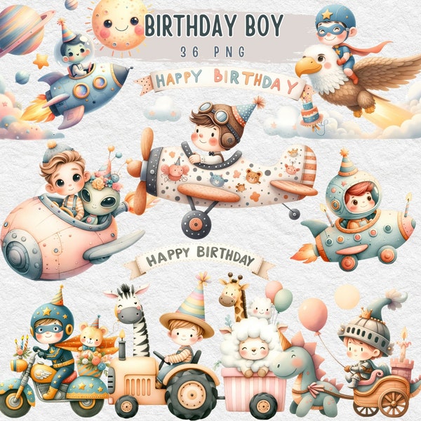 Jungen Geburtstag Clipart, Geburtstagsparty Clipart-Bundle, alles Gute zum Geburtstag PNG, Kuchen präsentiert Luftballons, Babytiere, Papierhandwerk, Sublimation