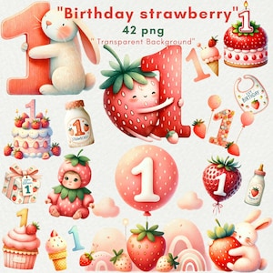 Bundle de cliparts premier anniversaire aux fraises, aquarelle fraise PNG, clipart premier anniversaire, décoration 1er anniversaire, Invitation, sublimation,