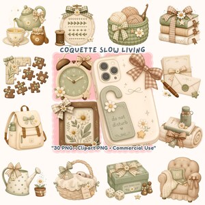 May include: A collection of digital illustrations featuring a teapot, yarn basket, stacked books, puzzle pieces, alarm clock, phone case with a do not disturb tag, backpack, watering can, picnic basket, board game, and armchair, all in sage green and cream tones.
