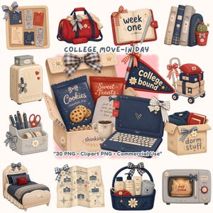 May include: A collection of digital clipart illustrations featuring college move-in day items including a cork board, duffel bag, open planner, books, mini fridge, care package, laptop, desk organizer, bed, map, toiletries, and microwave.