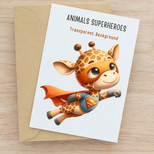 Op de afbeelding: Een cartoon-giraf die een superheldenpak draagt met een rode cape en een oranje masker. De giraf vliegt met zijn armen uitgestrekt. De achtergrond is lichtblauw. De tekst "ANIMALS SUPERHEROES" en "Transparent Background" staat bovenaan de afbeelding.