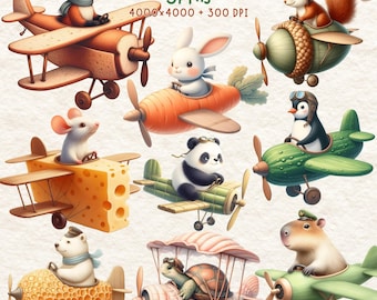 Animal Pilot Airplane Clipart: Vintage Nursery Art (PDF Download)