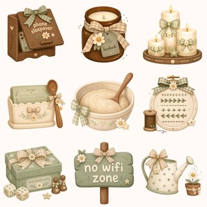 Op de afbeelding: Een verzameling van negen illustraties met een telefoonopbergdoos, een kaars in een pot, drie stompkaarsen, een receptenkaarthouder met lepel, een kom met deeg, een borduurring met garen, een bordspeldoos, een no wifi zone bord en een gieter.