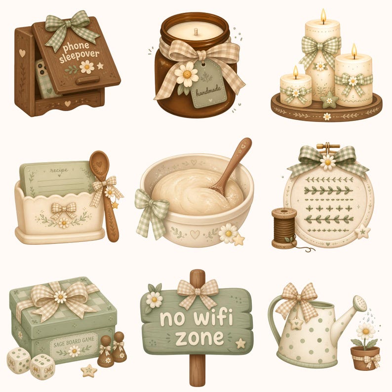 Op de afbeelding: Een verzameling van negen illustraties met een telefoonopbergdoos, een kaars in een pot, drie stompkaarsen, een receptenkaarthouder met lepel, een kom met deeg, een borduurring met garen, een bordspeldoos, een no wifi zone bord en een gieter.