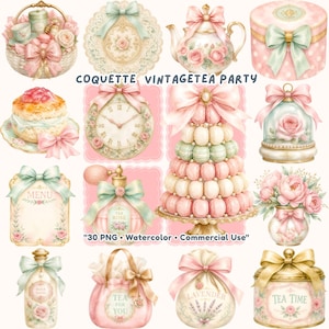Puede incluir: Ilustraciones en acuarela de una fiesta de té vintage. Incluye una tetera, un reloj, una torre de macarons y otros elementos decorativos en tonos pastel rosa, verde y dorado. El texto "COQUETTE VINTAGETEA PARTY" es visible. También incluye el texto "30 PNG Watercolor Commercial Use".