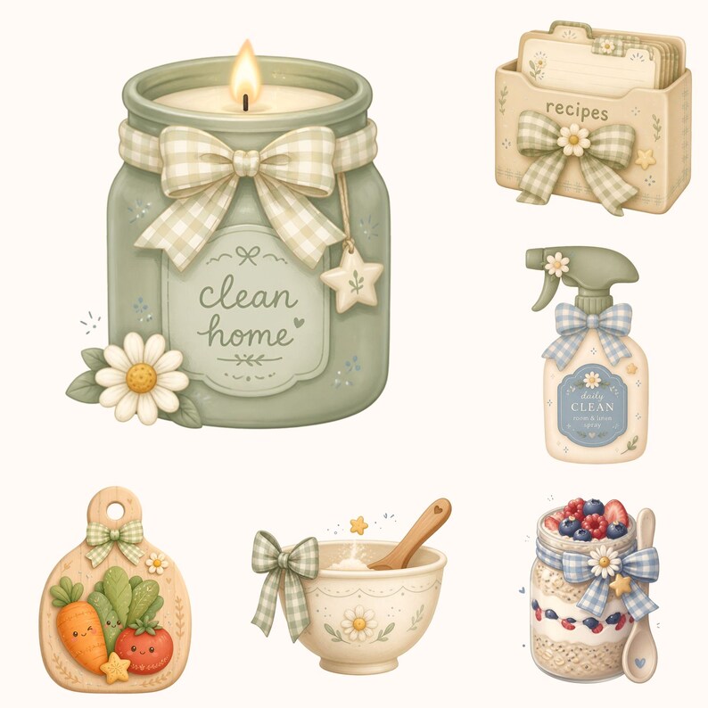 May include: A collection of illustrations featuring a sage green candle labeled clean home, a recipe box, a spray bottle labeled daily clean, a wooden cutting board with vegetable faces, a mixing bowl with a spoon, and a jar of overnight oats.