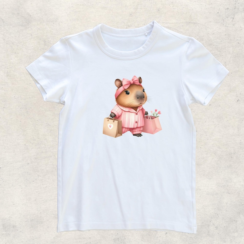 May include: White t-shirt with a cartoon illustration of a capybara wearing pink pajamas and a pink bow, holding shopping bags with flowers.