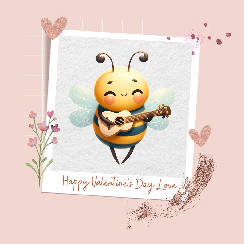 May include: A cartoon bee with a happy expression plays a guitar. The bee is yellow and black with blue wings. The background is a pink and white photo frame with the text "Happy Valentine's Day Love".
