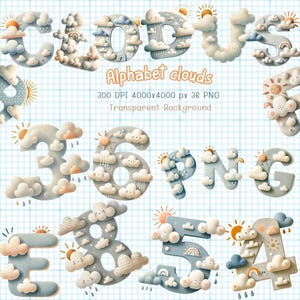Alfabetos y números de nubes clipart, Letras de nubes PNG, fuente suculenta, letras lindas del alfabeto, Fuente de nubes, Alfabeto de acuarela PNG