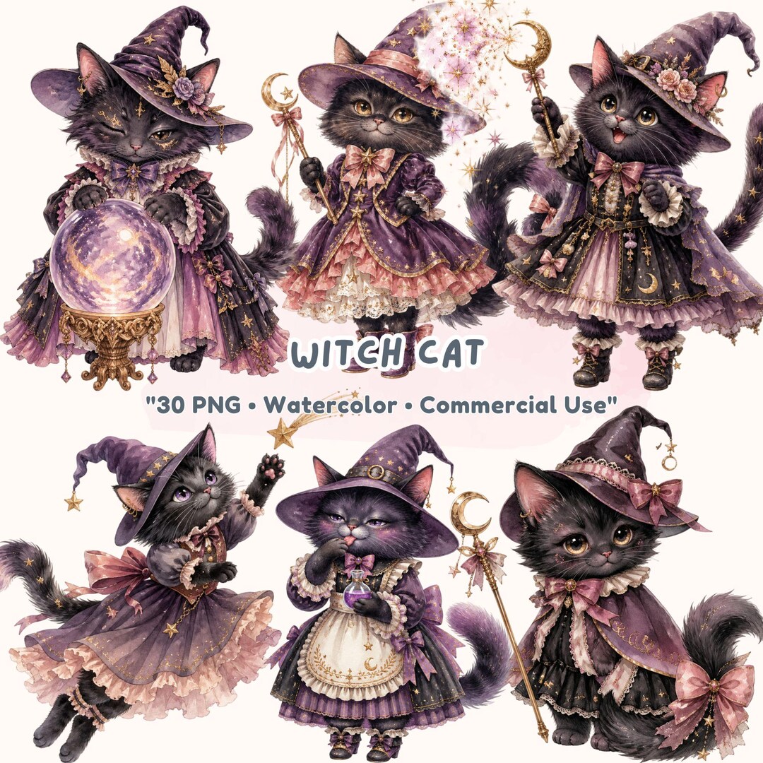 30 Witch Cat Clipart PNG | Watercolor Halloween Cat Witch Illustration ...