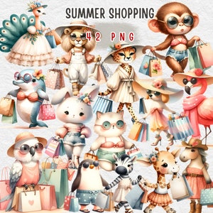 Shopping estivo, clipart animali, png estivo, png estivo per camicia, clipart estivo, arte della parete decorativa, creazione di cartoline, arredamento della scuola materna, simpatici animali