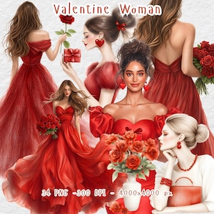 rote Frau Druck, Dame im roten Kleid, Junk Journal, Scrapbooking, Feier, Valentinstag Frau Clipart, romantische Clipart, Mode Mädchen Clipart