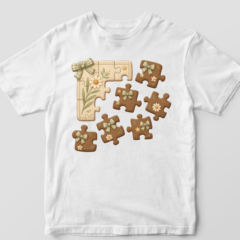 Op de afbeelding: Een wit T-shirt met korte mouwen en een grafische print van bruine puzzelstukjes. Het ontwerp bevat een hoekstuk met een madeliefje en groene gingham strikjes, naast diverse losse puzzelstukjes die versierd zijn met kleine strikjes en sterretjes.