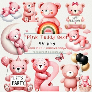 pink teddy bear clipart, teddy bear clipart png, pink birthday png, bear birthday party, Nursery Clipart, Animals Baby Shower, Watercolor