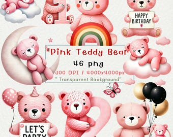 Pink Teddy Bear Clipart: Watercolor Nursery PNG (Digital Download)