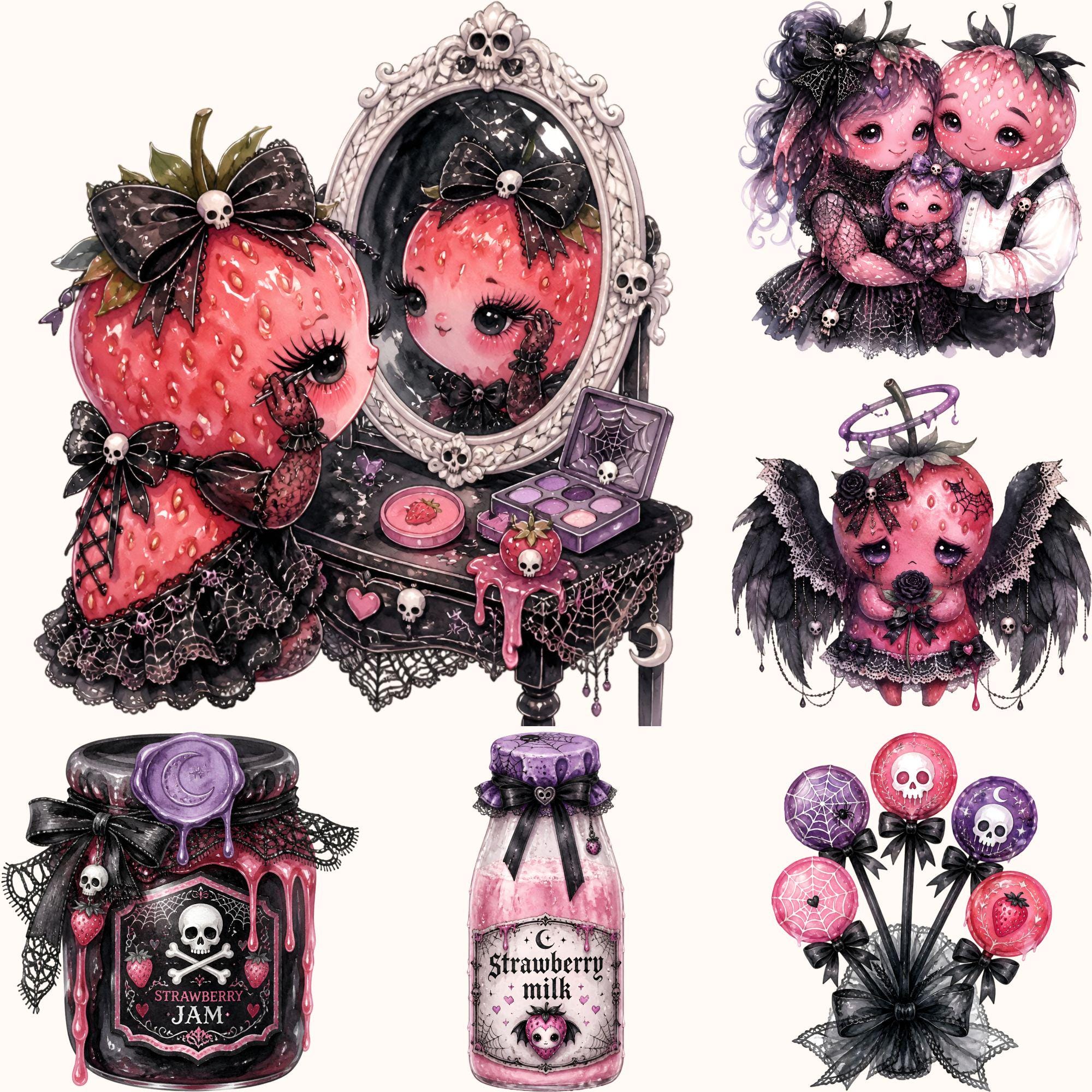 30 Pastel Goth Strawberry Clipart, Creepy Cute Grunge Fruit PNG, Soft ...