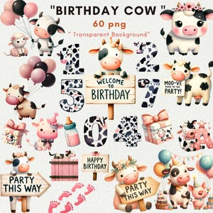 Paquete de imágenes prediseñadas de fiesta de cumpleaños de vaca, vaca linda para baby shower, fiesta de cumpleaños de vaca, png de vaca, imágenes prediseñadas de vaca para baby shower, decoración, invitación