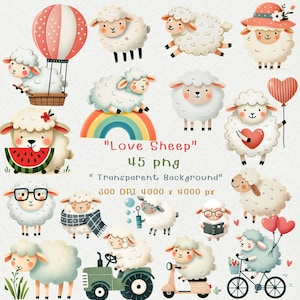 May include: A set of 45 digital illustrations of cute sheep in various poses and activities. The sheep are depicted in a cartoon style with bright colors and whimsical details. The illustrations are perfect for creating greeting cards, invitations, scrapbook pages, and other craft projects.