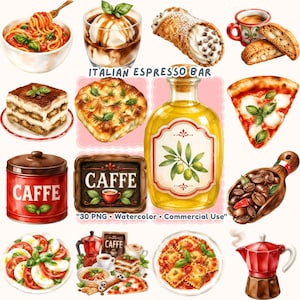 30 Italian Espresso Bar Clipart, Italian Food PNG, Watercolor Tiramisu Pizza, Moka Pot Coffee Sublimation, Cafe Menu, Commercial Use