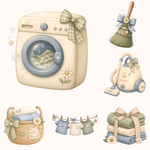 May include: A collection of household cleaning illustrations featuring a cream washing machine with a blue door, a broom, a vacuum cleaner, a woven laundry basket with folded linens, a clothesline with three shirts, and a stack of folded towels.