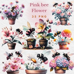Pink Bee flower water color Clipart , Honey Bee with Flower Character png, Spring clipart ,Love bee clipart, Valentine Animals decor,