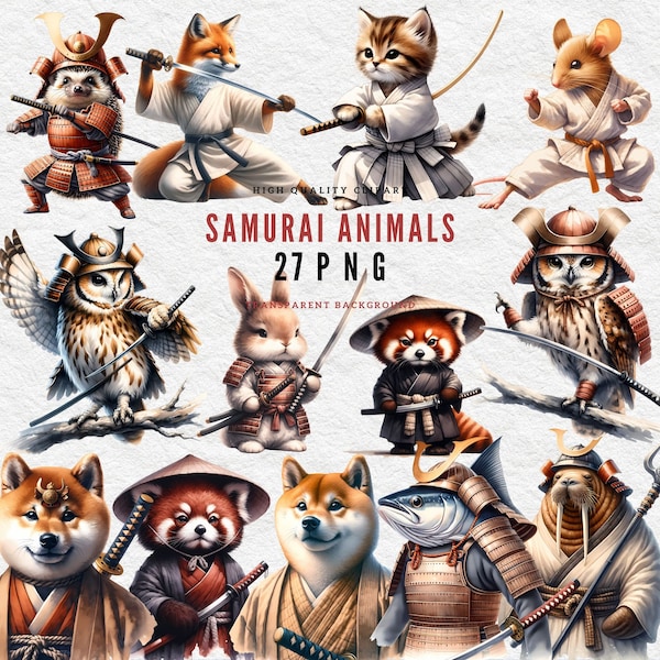 Samurai animals, Japanese Samurai Cat T-Shirt Design, Manga animal clipart, Tanuki Japanese clipart, Watercolor Samurai png, Commercial use