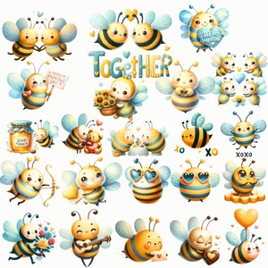 May include: A collection of cute cartoon bee illustrations with various expressions and poses. Some bees are holding hearts, flowers, and other Valentine's Day themed items. The text "Together" and "Bee My Valentine" are included in the image.