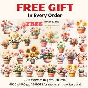 May include: A set of 30 digital illustrations of cute flowers in pots. Each flower is a separate PNG file with a transparent background. The flowers are 4000 x 4000 pixels and 300 DPI.