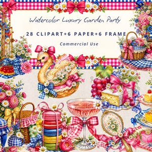 French Picnic PNG, Watercolor Luxury Garden Party Clip Art Bundle, Daisy Gingham Ribbon Coquette Digital Paper Sublimation Commercial Use