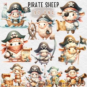 piracka owca Clipart, Owca PNG, Dekoracja farmera owiec, Klipart do pokoju dziecięcego, Zwierzęta Baby Shower, Zwierzę, Sztuka owiec, Akwarela baranka clipart