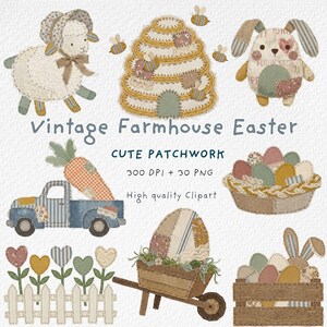 Pode incluir: Uma coleção de designs de patchwork em estilo vintage com tema de Páscoa. A imagem inclui uma ovelha, uma colmeia com abelhas, um coelho, uma caminhonete com uma cenoura, uma cesta de ovos, um carrinho de mão com um ovo e uma caixa de ovos. O texto diz "Vintage Farmhouse Easter" e "Cute Patchwork".