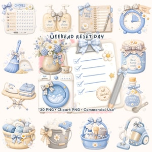 May include: A collection of digital illustrations featuring household cleaning items in blue and cream tones, including a chore chart, soap dispensers, a planner, a clock, a broom, a washing machine, a checklist, a jar, a pencil, and a vacuum.