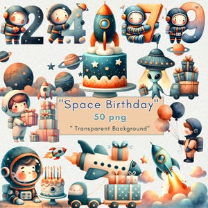 Fiesta de cumpleaños espacial de acuarela png, Invitación de astronauta de nave espacial de planetas, Letras espaciales de astronauta, Decoración, Descarga instantánea, Invitación, PNG