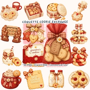 May include: A collection of digital illustrations featuring cookies, milk, and gift packaging with red and white gingham bows. Elements include cookie boxes, jars, tiered trays, recipe cards, and milk bottles with text like 'cookies for santa' and 'made with love'.