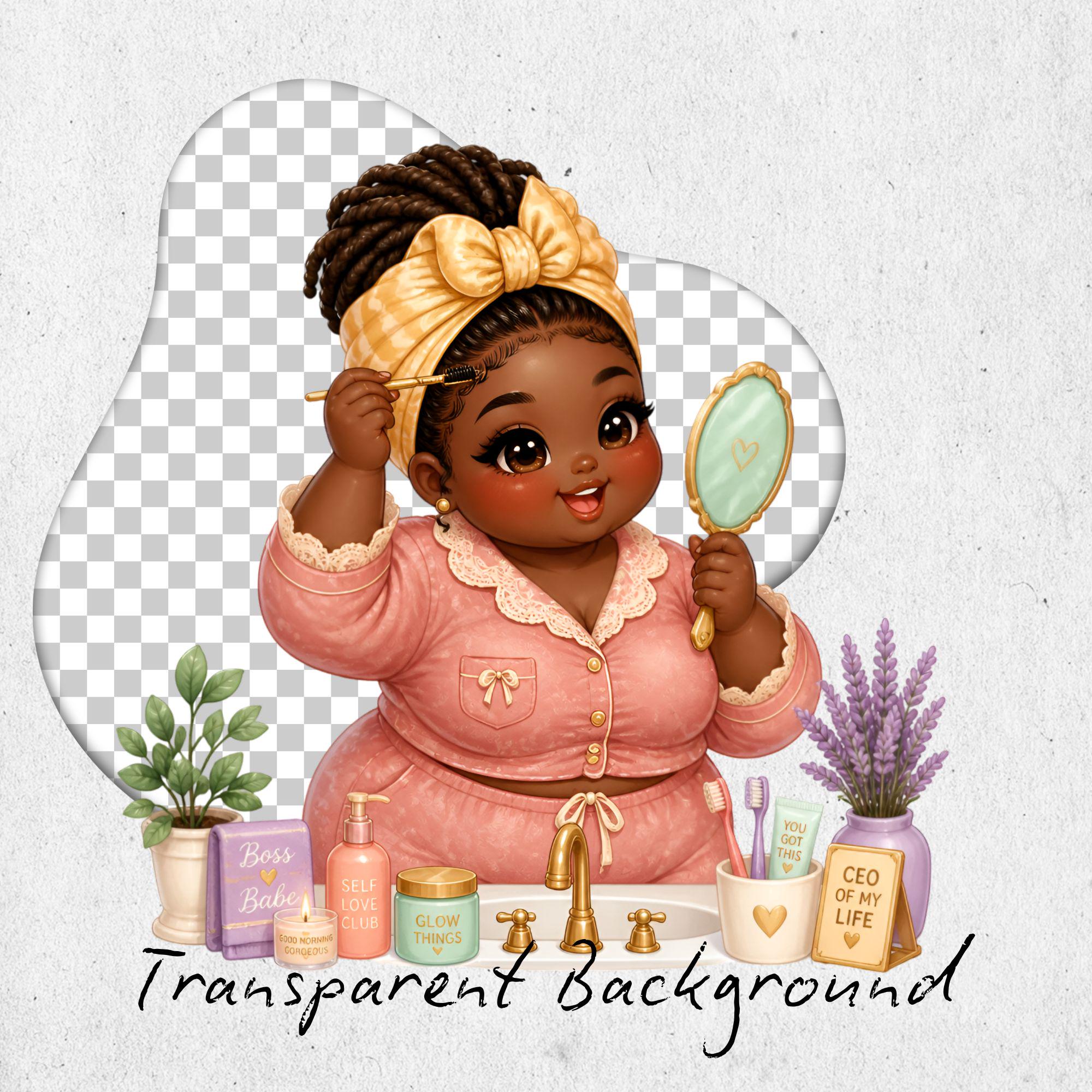 Daily Routine Chibi Kawaii Chibi Plus Size Black Woman Morning Routine Clipart, Girl Boss ...