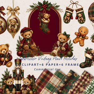Weihnachts-Teddybär-Clipart (PNG), Aquarell-Vintage-Karo-Weihnachts-Clipart, grüner Tartan-Digitalpapier-Bär für Sublimation (kommerzielle Nutzung)