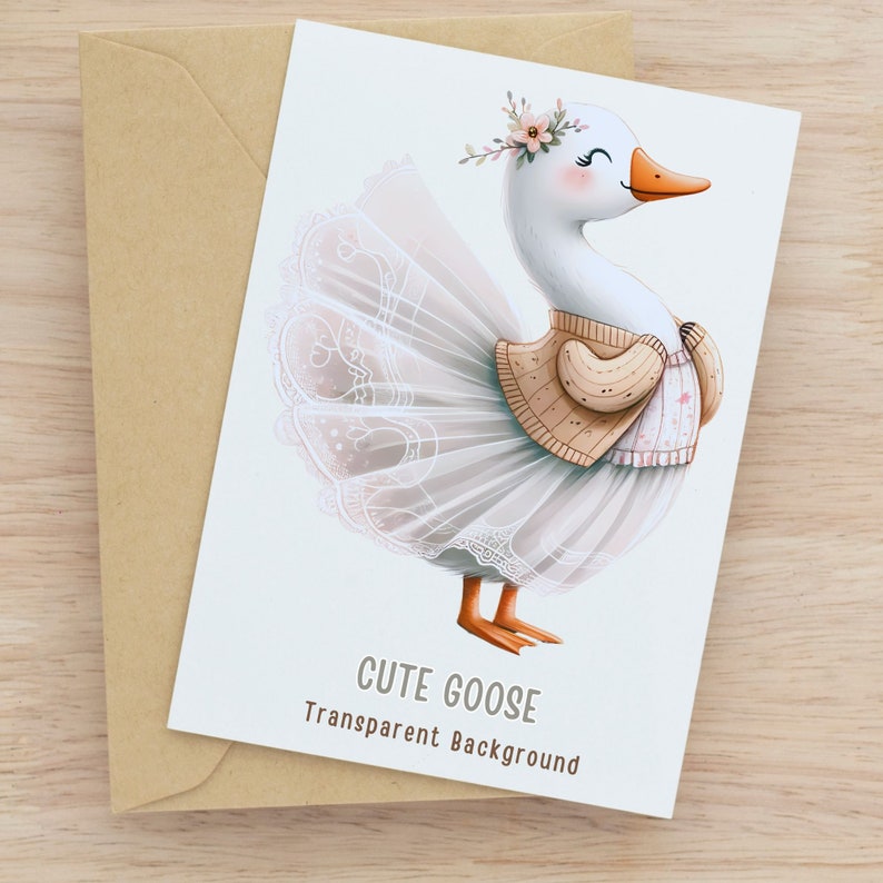 May include: A white goose wearing a pink tutu and a brown cardigan with a floral crown on its head. The goose is standing on a white background. "Cute Goose" and "Transparent Background" are written below the goose.