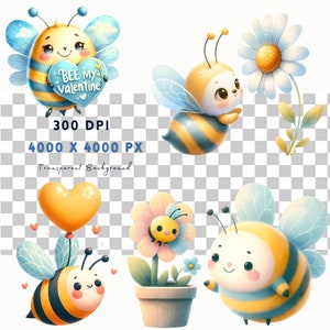 May include: Four cartoon bees with yellow and black stripes, blue wings, and cute faces. One bee is holding a heart-shaped balloon with the text "Bee My Valentine". Another bee is near a white daisy with a yellow center. The third bee is near a pink and yellow flower with a yellow center. The fourth bee is flying near a yellow heart-shaped balloon.