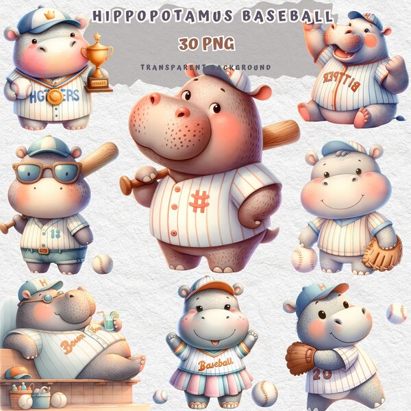 Sport Animal Clipart, baseball clipart, Cute Hippopotamus,  Baby Hippo,  sports hippopotamus, baby animal for baby shower, Safari Nursery