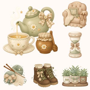 Op de afbeelding: Een verzameling illustraties met een saliegroene theepot die thee in een met madeliefjes versierde kop schenkt, een honingpot met lepel, een fauteuil met een plaid, een zandloper, groen garen met breinaalden, bruine veterschoenen en drie potplanten.