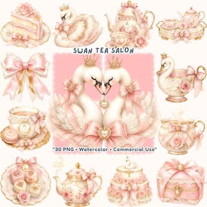30 Swan Tea Salon Clipart PNG, Coquette Swan Princess barnrum, Blush rosa elfenben guld tekanna, akvarell pärlband rosett, kommersiellt bruk
