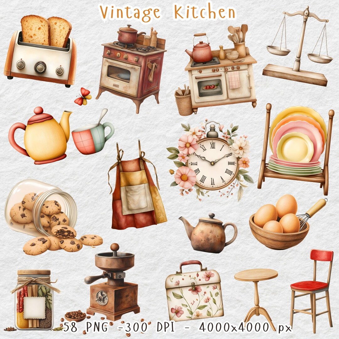 Vintage Kitchen Clipart Collection , Vintage Floral Kitchen Clipart, Shabby Chic, Vintage Retro ...