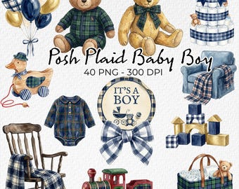 baby shower clipart, plaid baby, navy baby graphics, gold baby shower png, classic baby invitation, ralph lauren baby, preppy nursery boy