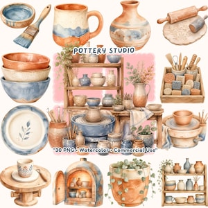 30 Pottery Studio Clipart PNG, Cozy Artisan Craft, Coral Pink Blue Terracotta Cream, Watercolor Ceramic Vase Wheel, Art, Commercial Use