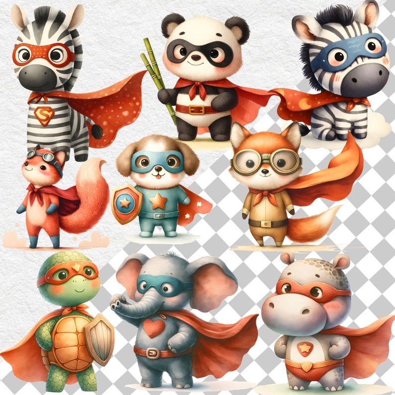 Op de afbeelding: Een verzameling schattige dierenpersonages verkleed als superhelden. De dieren omvatten een zebra, een panda, een vos, een hond, een olifant, een schildpad en een nijlpaard. Elk dier draagt een rode cape en een masker. De dieren lachen allemaal en zien er gelukkig uit.